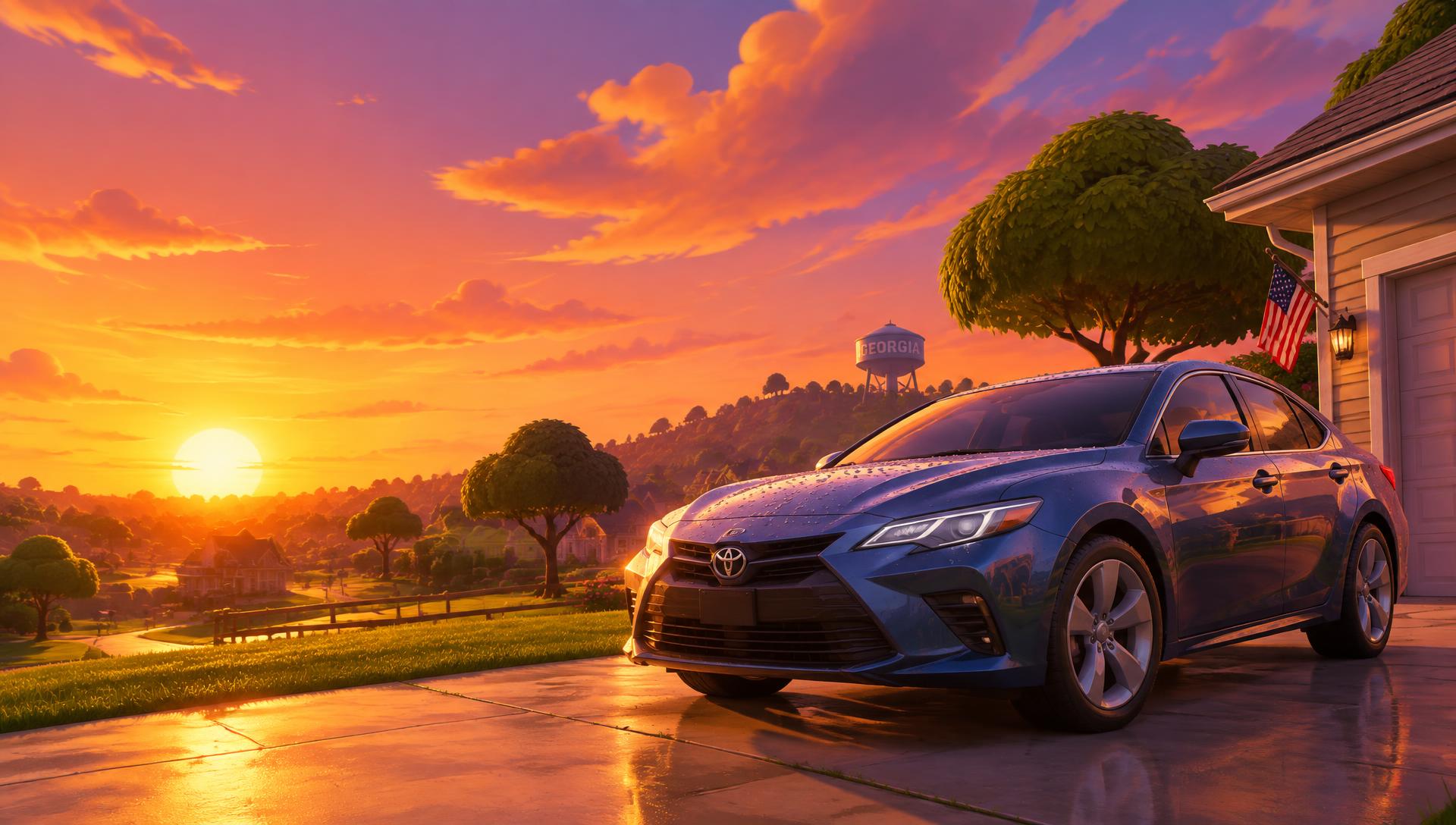 Freshly detailed car in a driveway at a warm Georgia sunset